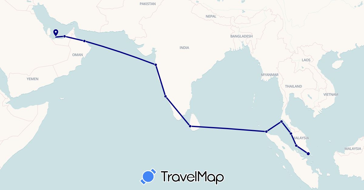 TravelMap itinerary: driving in United Arab Emirates, Indonesia, India, Sri Lanka, Malaysia, Oman, Singapore, Thailand (Asia)